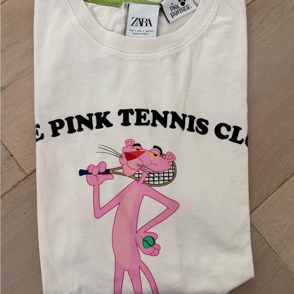 Zara White Tee with Pink Panther Tennis Graphic